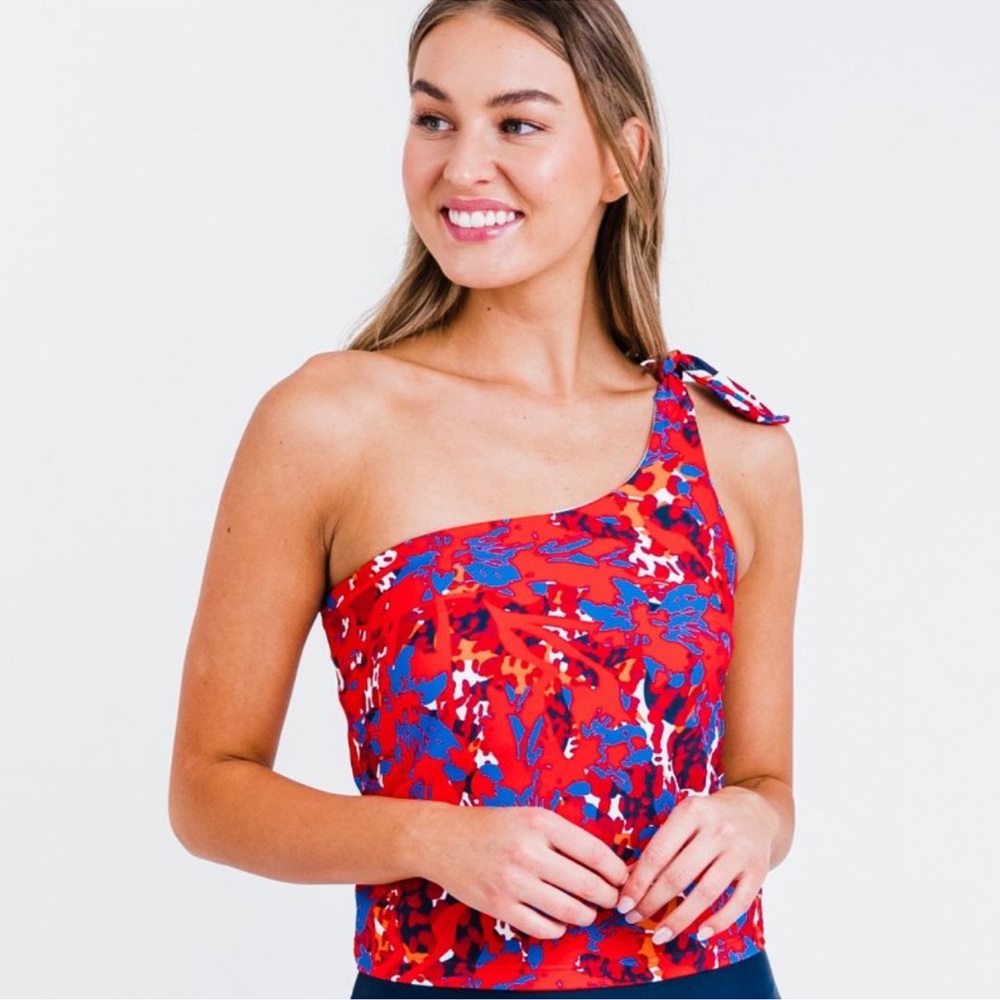 Calypsa Women's One Shoulder Self Tie Strap Swim Top Swimsuit Red Resort XLarge